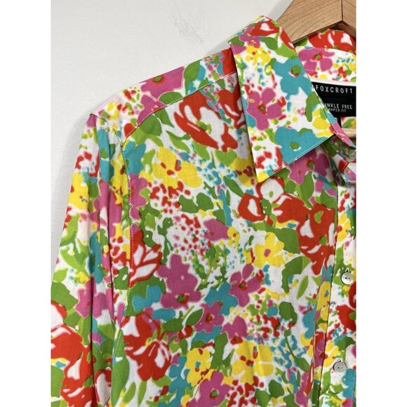 Foxcroft Women Blouse 16 Pink Floral Button Down 100% Cotton Shaped Fit No Iron - Picture 2 of 11